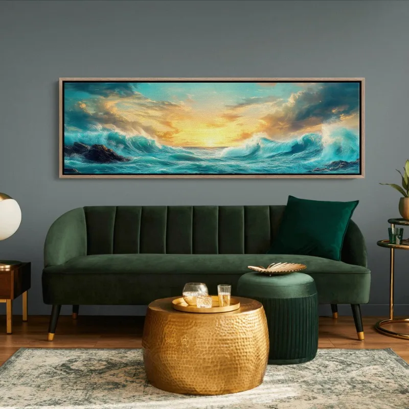 Ocean Wave Canvas Print Sunset Seascape Wall Art Turquoise Blue Sea Horizon Coastal Nautical Wall Decor Beach Living Room Decor