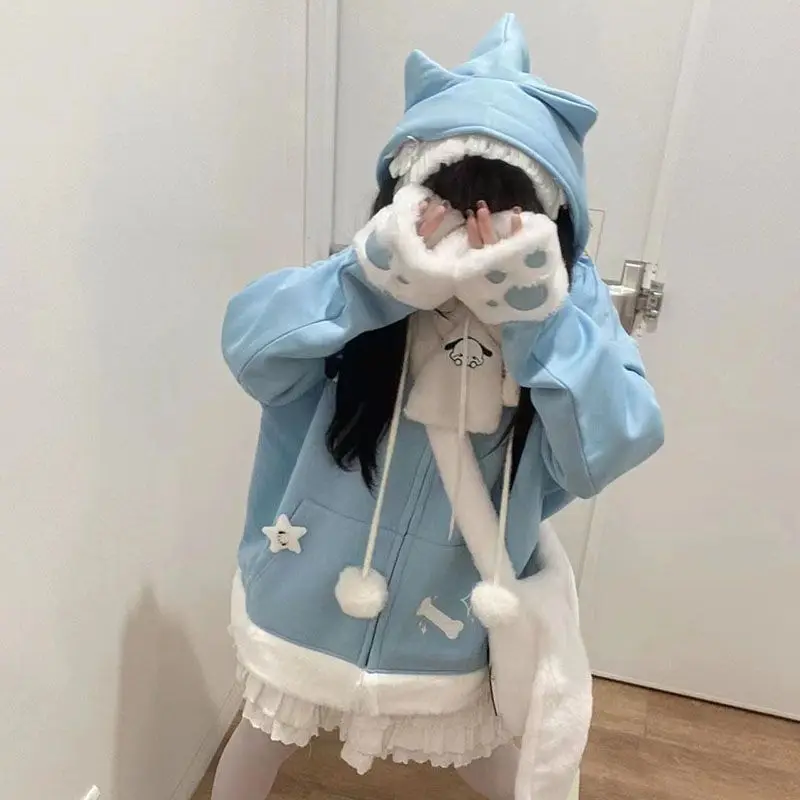 Sudadera con capucha y pata de oreja de gato con bordado de Anime japonés para mujer, abrigo de lana Kawaill dulce, chaqueta de moda Harajuku Y2k para invierno, nueva