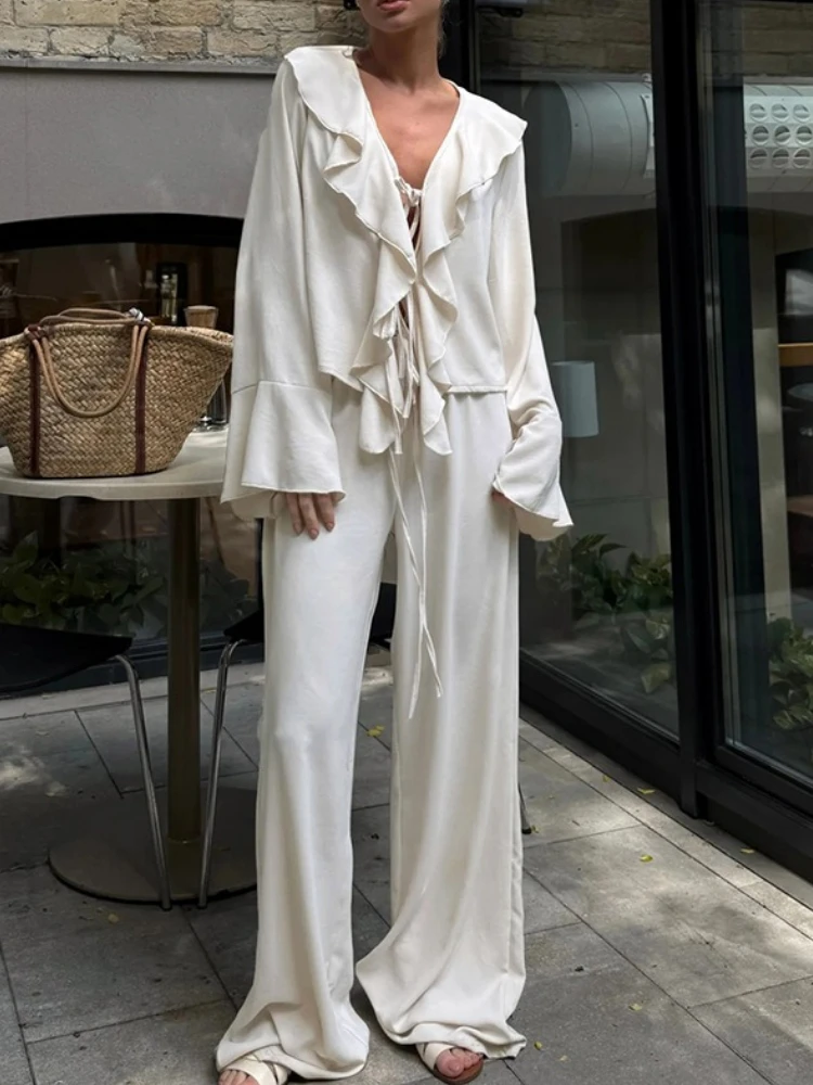 Bangniweigou V-neck draped ruffles flare sleeve shirt w/ high-waisted wide leg pants two-piece set apricot casual top and pants