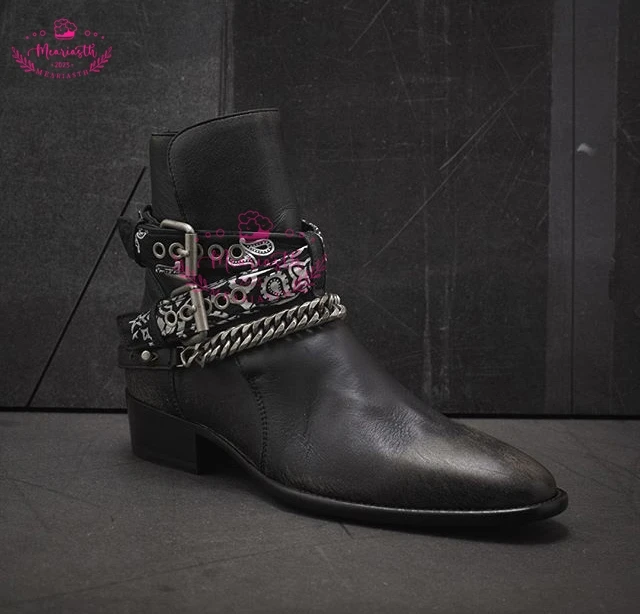 

raffiti Straps Buckle Chains Handmade Ankle Boots Men Cow Suede Boots Square Heels Short Boots High Top Leather loafers Shoes