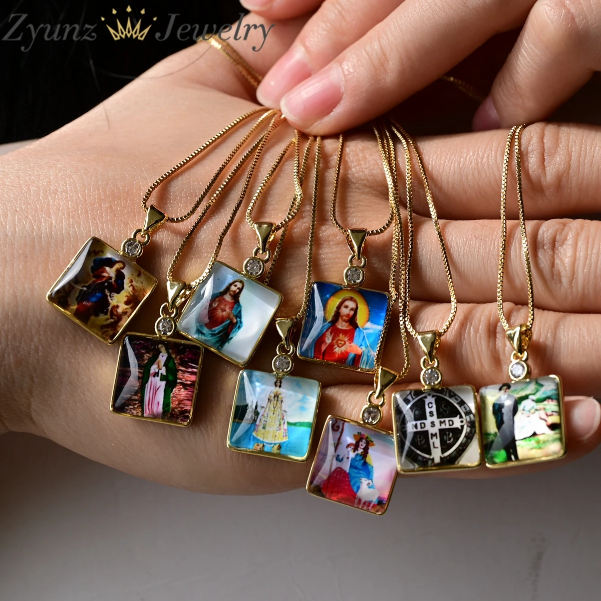

5 шт., 18-каратное позолоченное ожерелье квадратной формы с подвеской в виде креста Иисуса Марии, винтажное христианское ожерелье