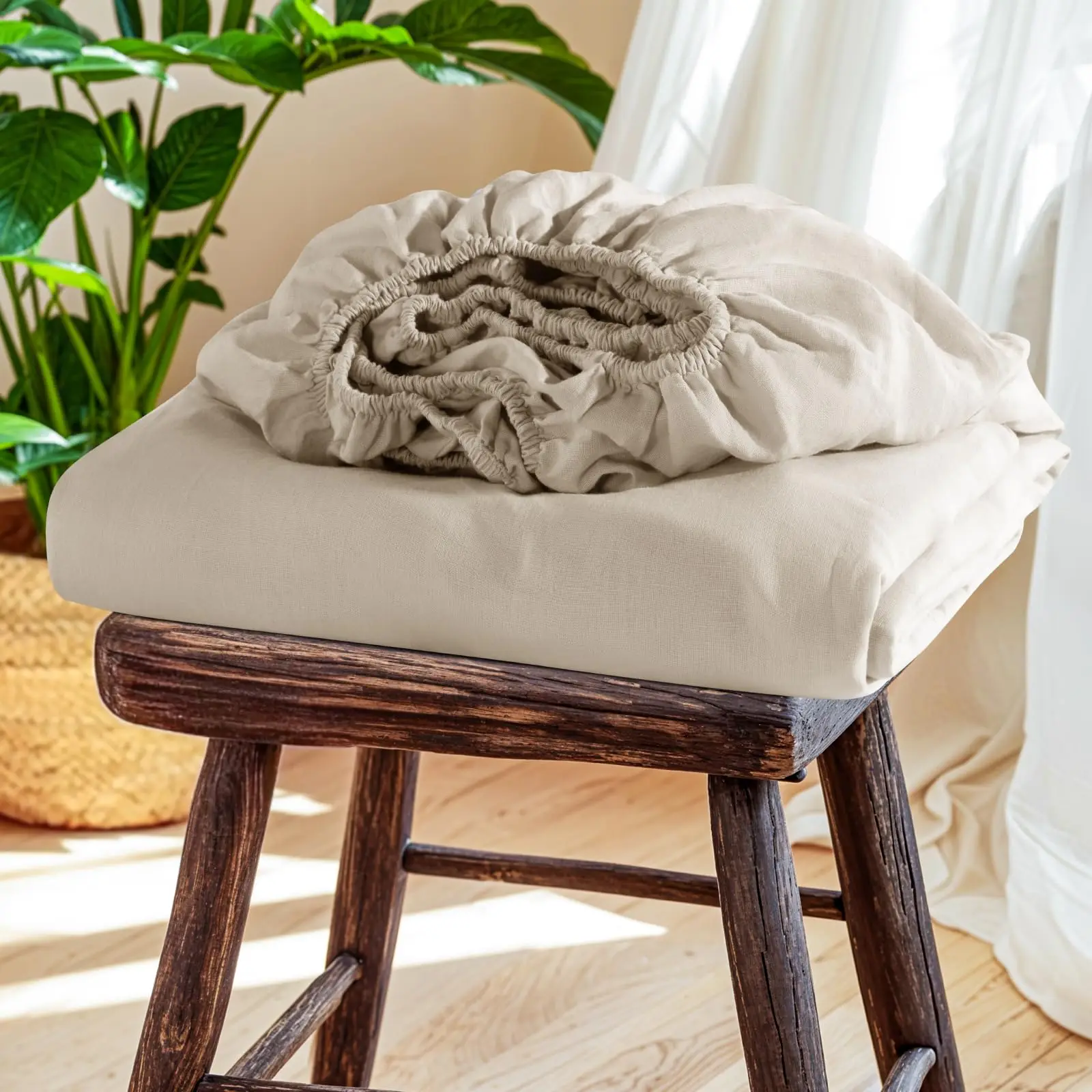Natural Linen Fitted Sheet 100% Flax Stone Washed Breathable Mattress Cover for Hot Sleepers