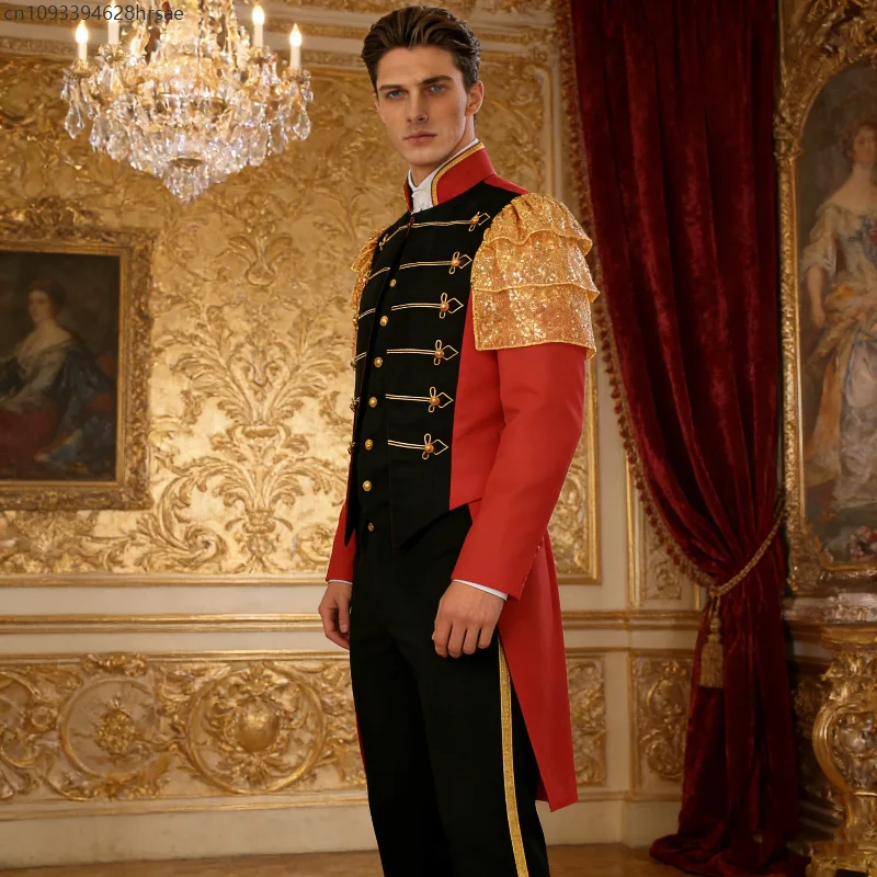 

Royal Court Style Prince Cosplay Coat Medieval Men's Retro Stand Collar Costume Circus Stage Performance Masquerade Outfit