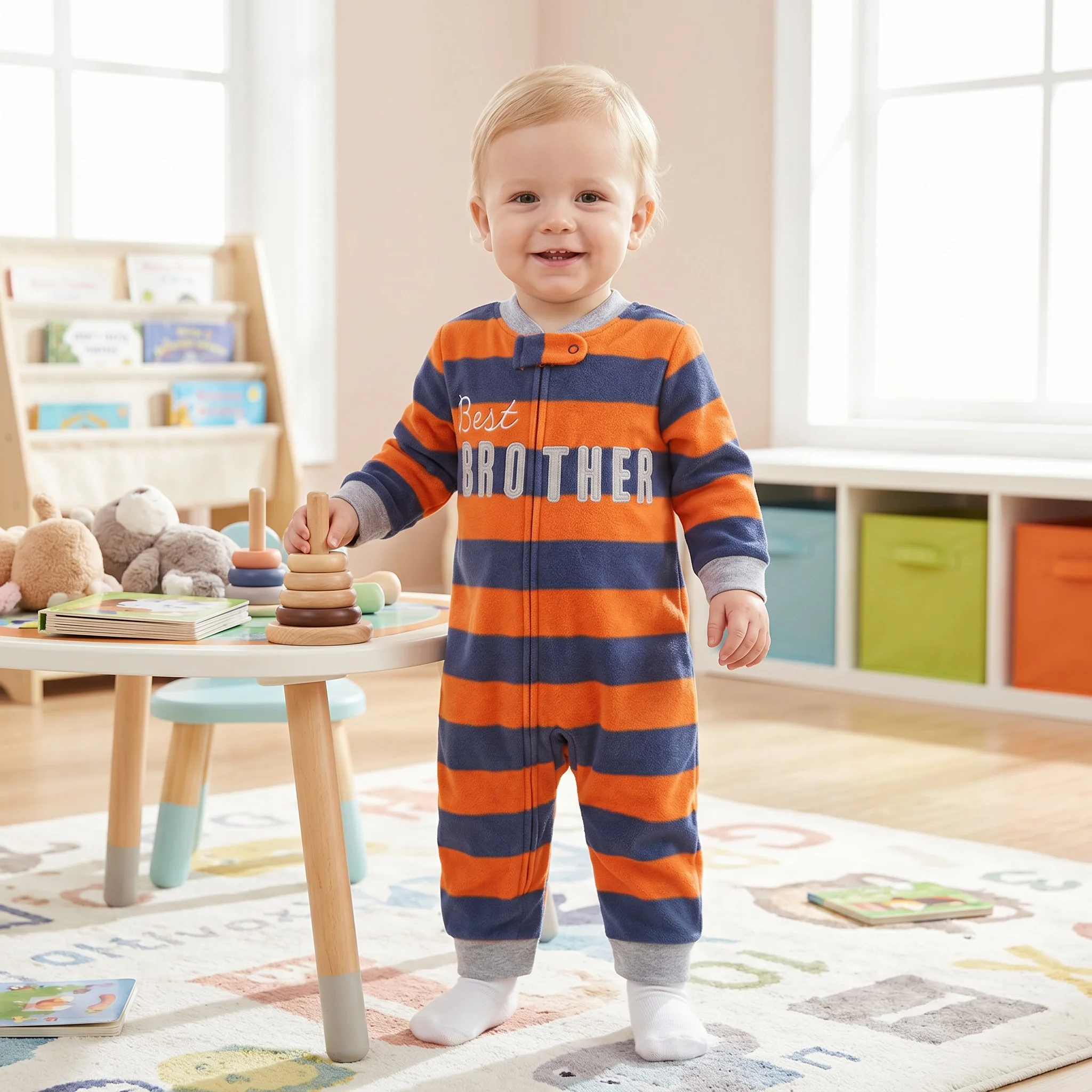 Orange Navy Striped Best Brother Letter Embroidered Polar Fleece Zipper Baby Romper Warm Loungewear for Baby Boys Autumn Winter