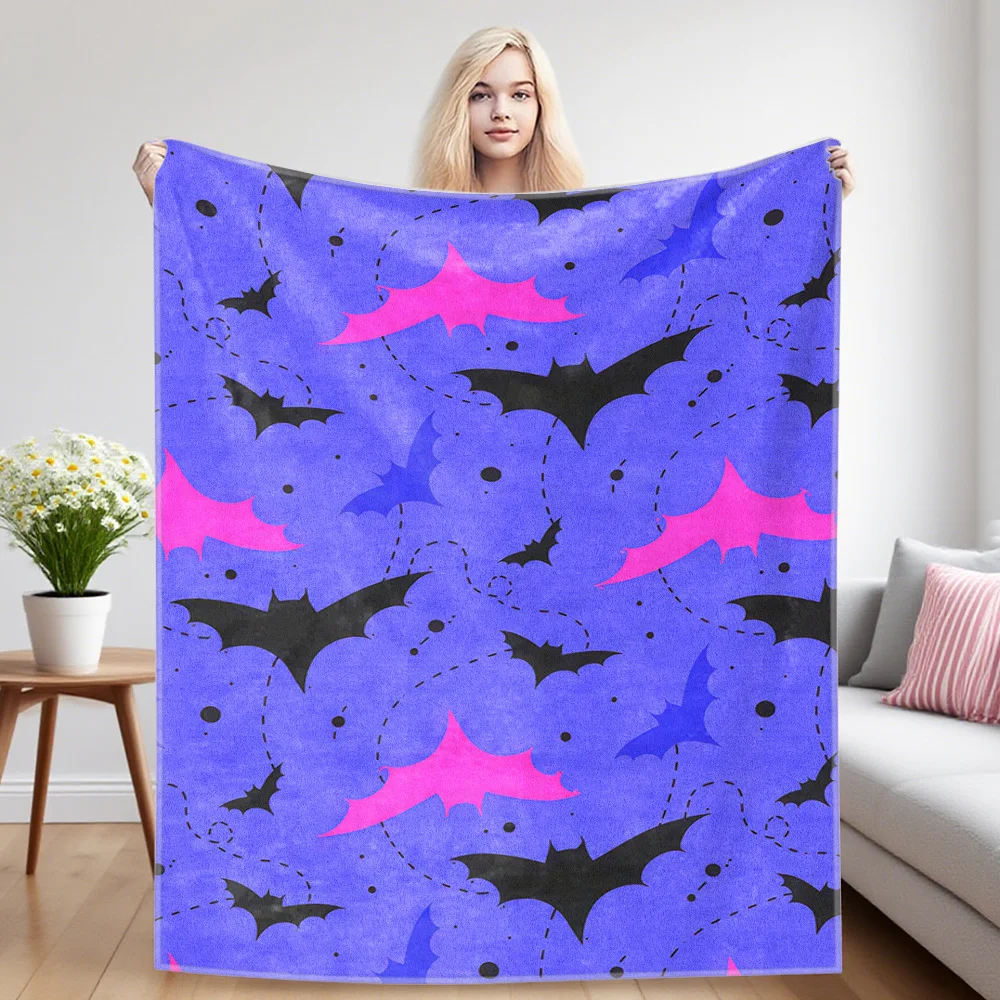 Purple Halloween Bats Flannel Blanket, Ultra-Fine Fiber, All Season Luxurious Fluffy Blanket Suitable For Beds Or Sofas