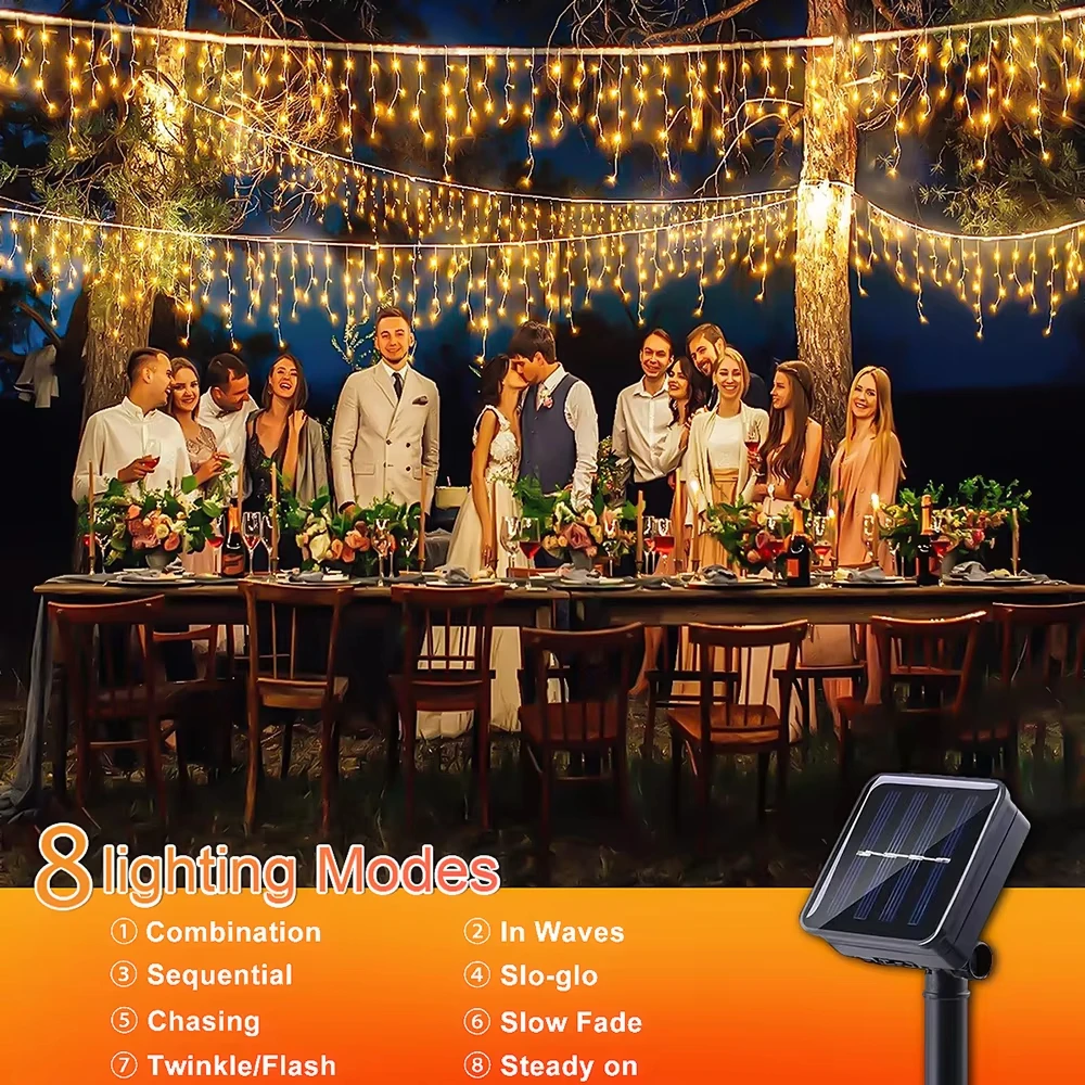 LED Solar lcicle String Lights Outdoor Curtain Fairy Lights 8 Modes Christmas Landscape Lights Party Garden Decoration Light