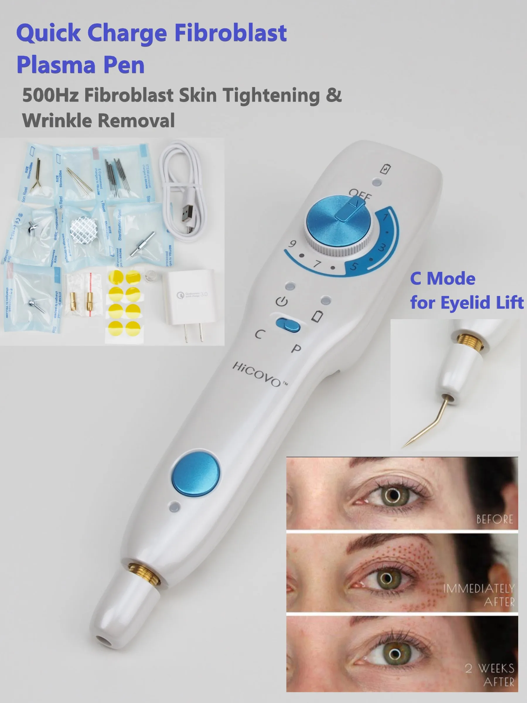 Hicovo Plasma Pen 500Hz Pulse Cold Fibroblast Skin Tighten Quick Charge Wireless Eyelid Lift Acne Treatment Machine