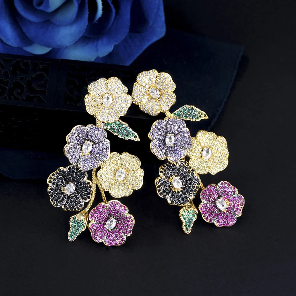 ThreeGraces Beautiful Cubic Zirconia Long Multicolor Flower Dangle Drop Earrings for Women Trendy Wedding Party Jewelry ER846