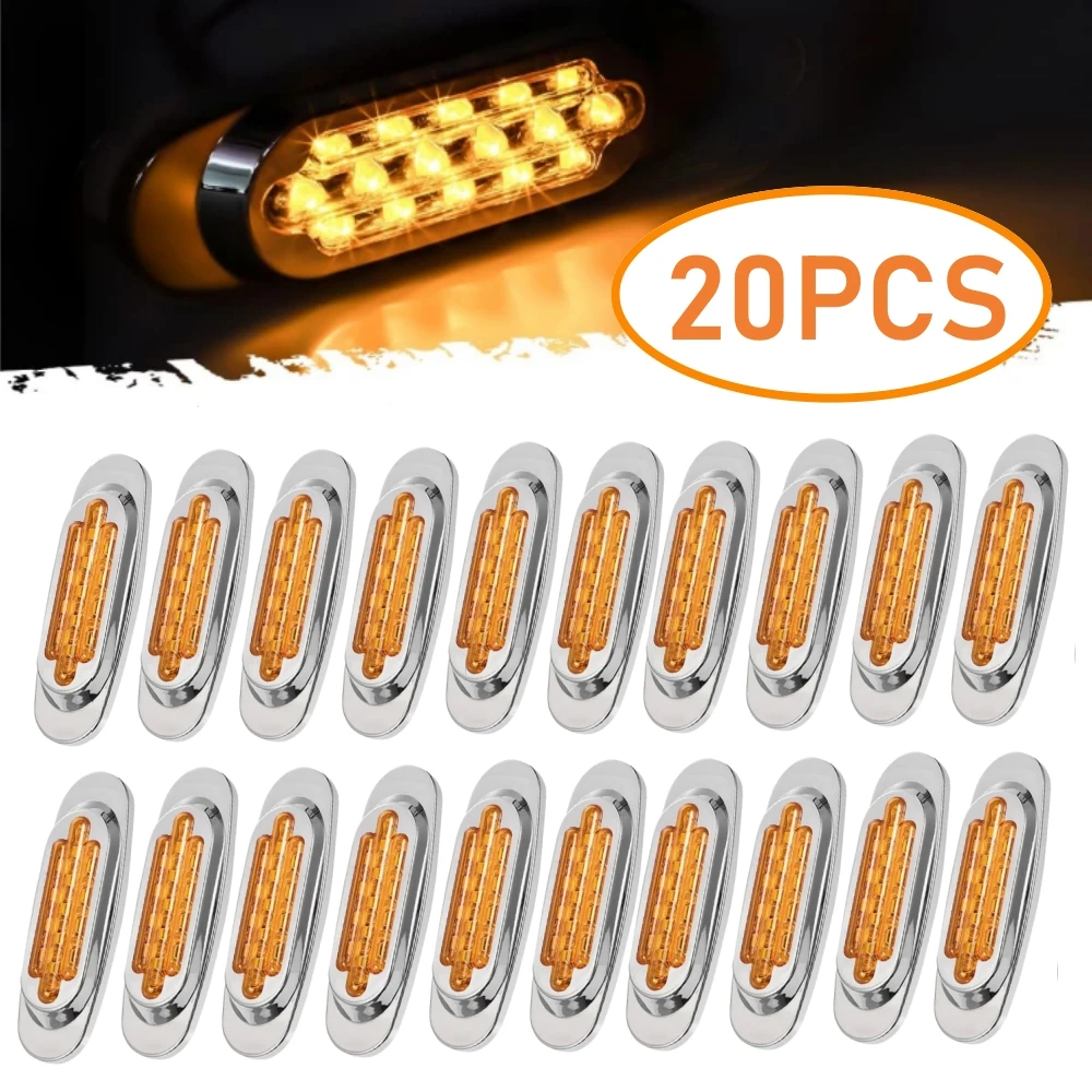

20PCS 16LED Side Marker Indicator Light 12V-24V Truck Trailer LED Amber Side Markering Clearance Light Chrome for Freightliner