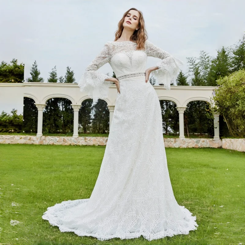 Vintage Crochet Lace Wedding Dress Three-Quarter Flared Sleeves Natural Waist Chapel Train Bridal Gown Evening Gowns Customizab