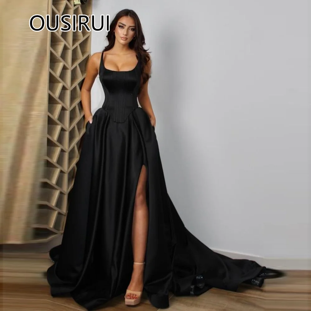 

Formal Evening Party Dress Square Collar Satin Pleated Evening Arab Gown A-line Side Slit Pockets with Sweep Trian Custom Made