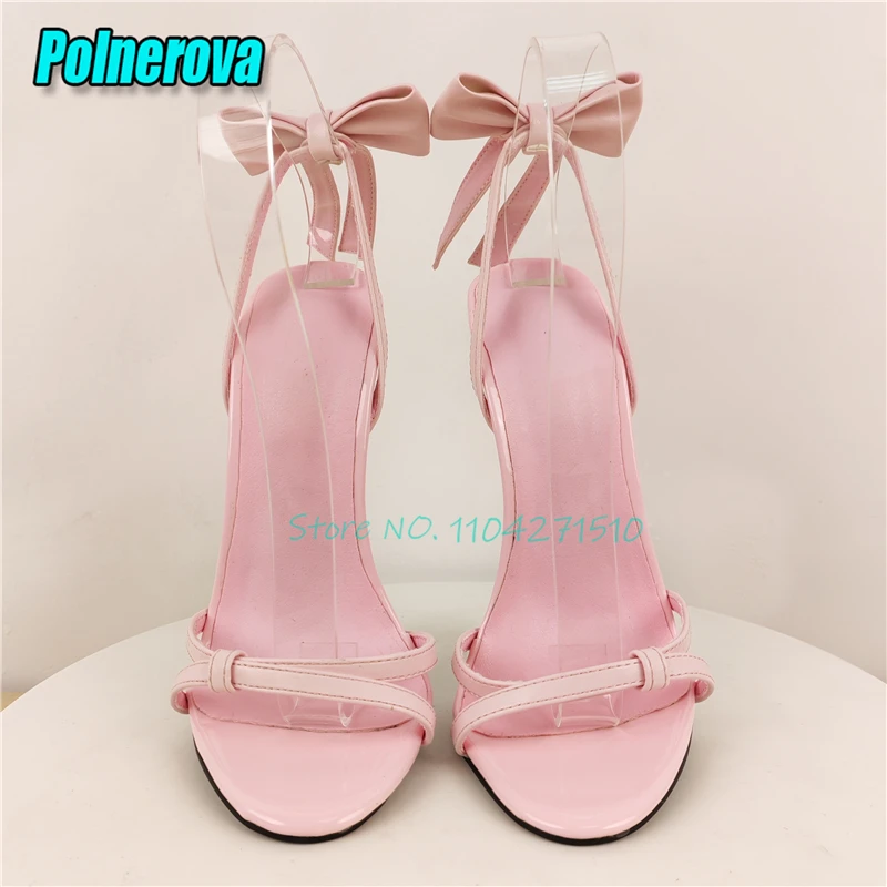 

Sweet Pink Bowknot Decor Women's Sandals Solid Open Toe Ankle Lace-Up 14CM 16CM High Heels Summer New Party Wedding Bride Shoes