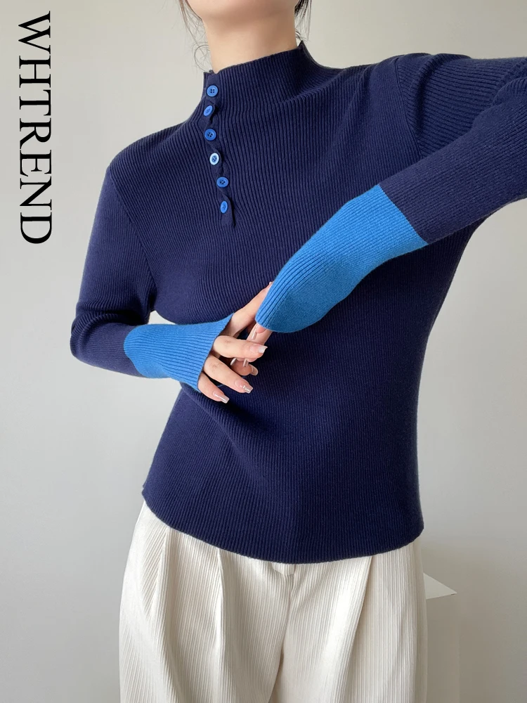 

WHTREND темно-синий лоскутный вязаный свитер с полуводолазкой для женщин, уникальный облегающий базовый пуловер, осень-зима WH1487