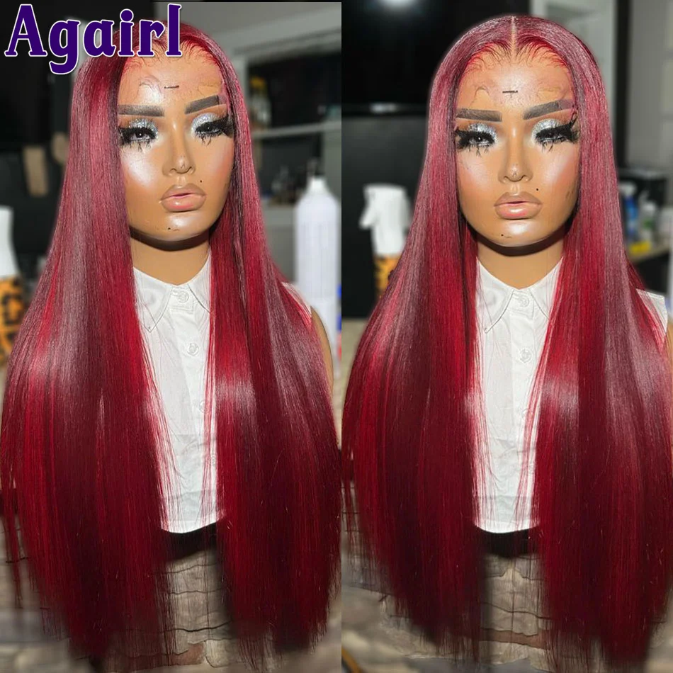 

13x6 Transparent Highlight Red 99J 200% Bone Straight Lace Frontal Wig Ready Go 13x4 Lace Front Wig PrePlucked Natural Hairline