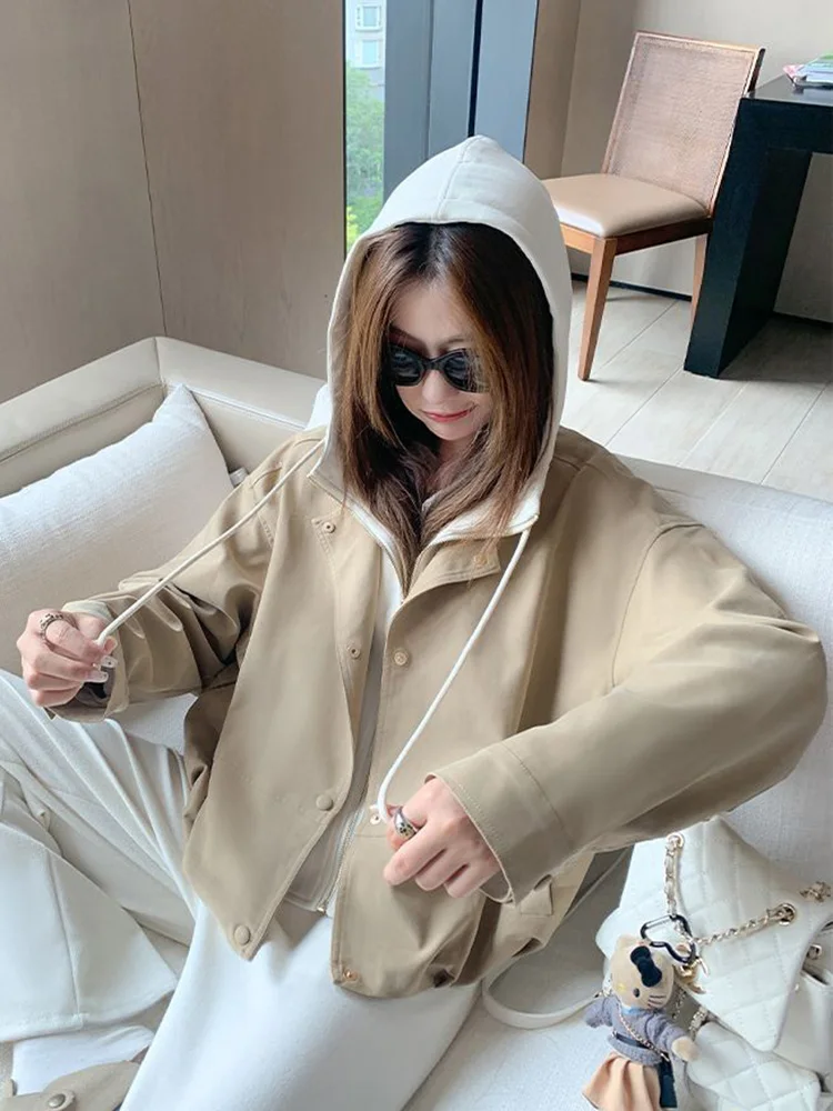 

Vintage Fake Two Cargo Jacket Women Streetwear Loose American Retro Hooded Coat Casual Fall Long Sleeve Patchwork Hip Hop Bf Top