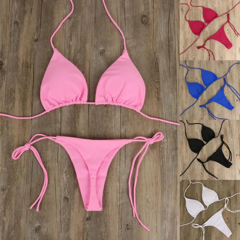 2 Stks/set Swimwears Vrouwen Bikini Set 2023 Effen Kleur Halter Hals Riem String Vrouwen Badpak Set Voor Strand