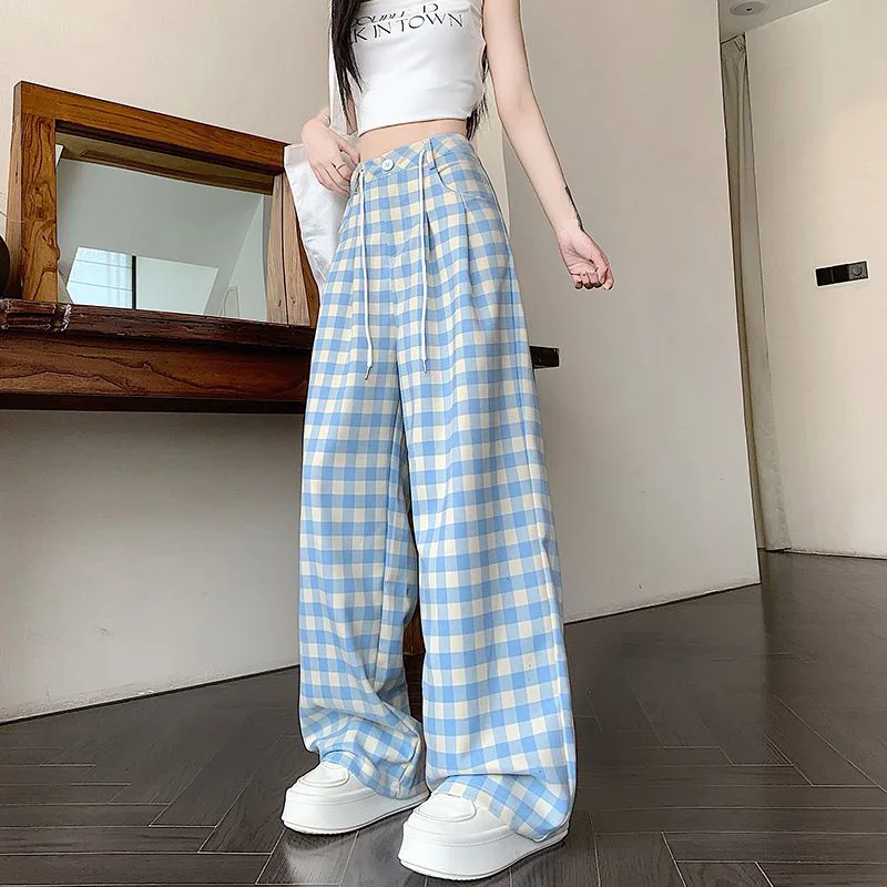Neue Mädchen Blau Plaid Hohe Taille Hose Heißer Verkauf Weibliche Beiläufige Gerade Bein Hosen Frauen Koreanische Mode Baggy Hosen