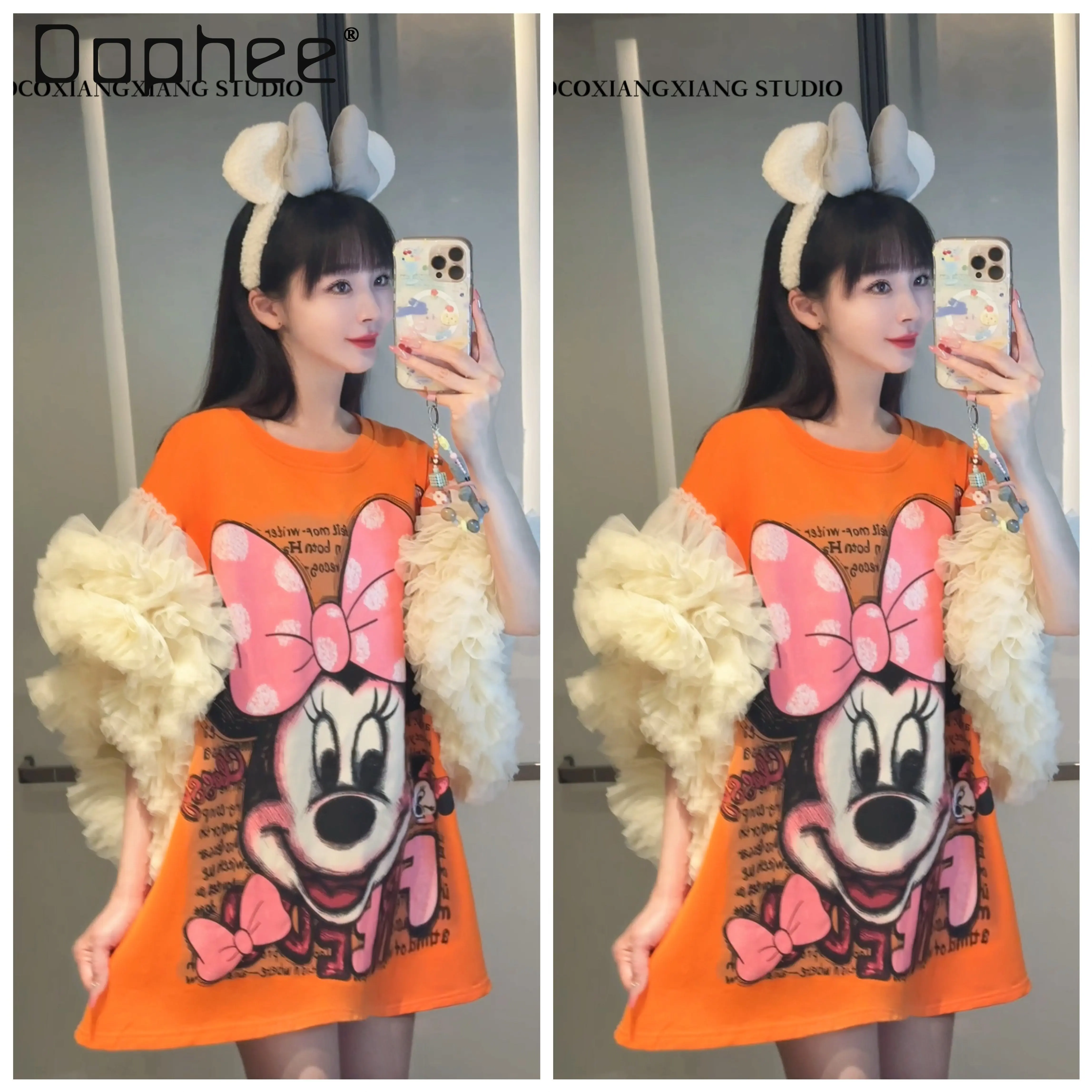 

2026 Trendy Brand Cartoon Sequins Heavy Industry Fluffy Sleeves Mesh Stitching Age-reducing Loose Mid-length T-shirt Top