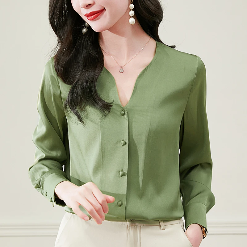 

19 Momme Real Silk Women's Shirt V-neck Elegant Shirts Fashion Blouses For Women Long Sleeve Office Lady Solid Blouse Woman Tops