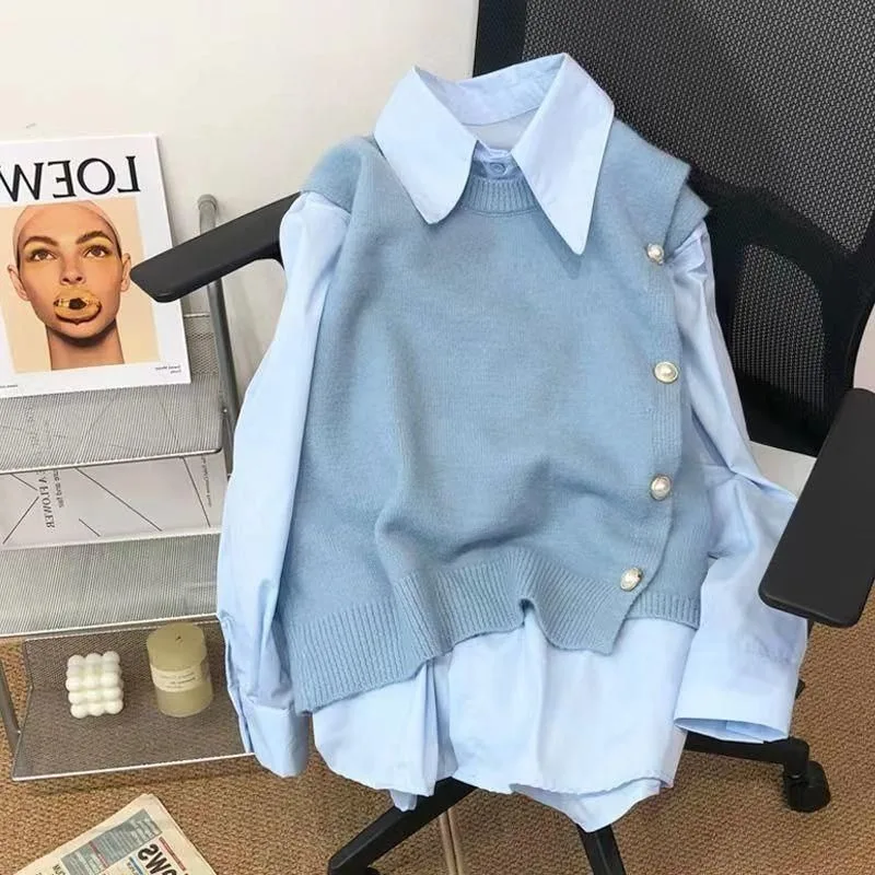 Women 2 Piece Outfit Set Pink Point Collar Shirt + Irregular Button Knit Vest Elegant Casual Sweater Vest Blouse Matching Suit