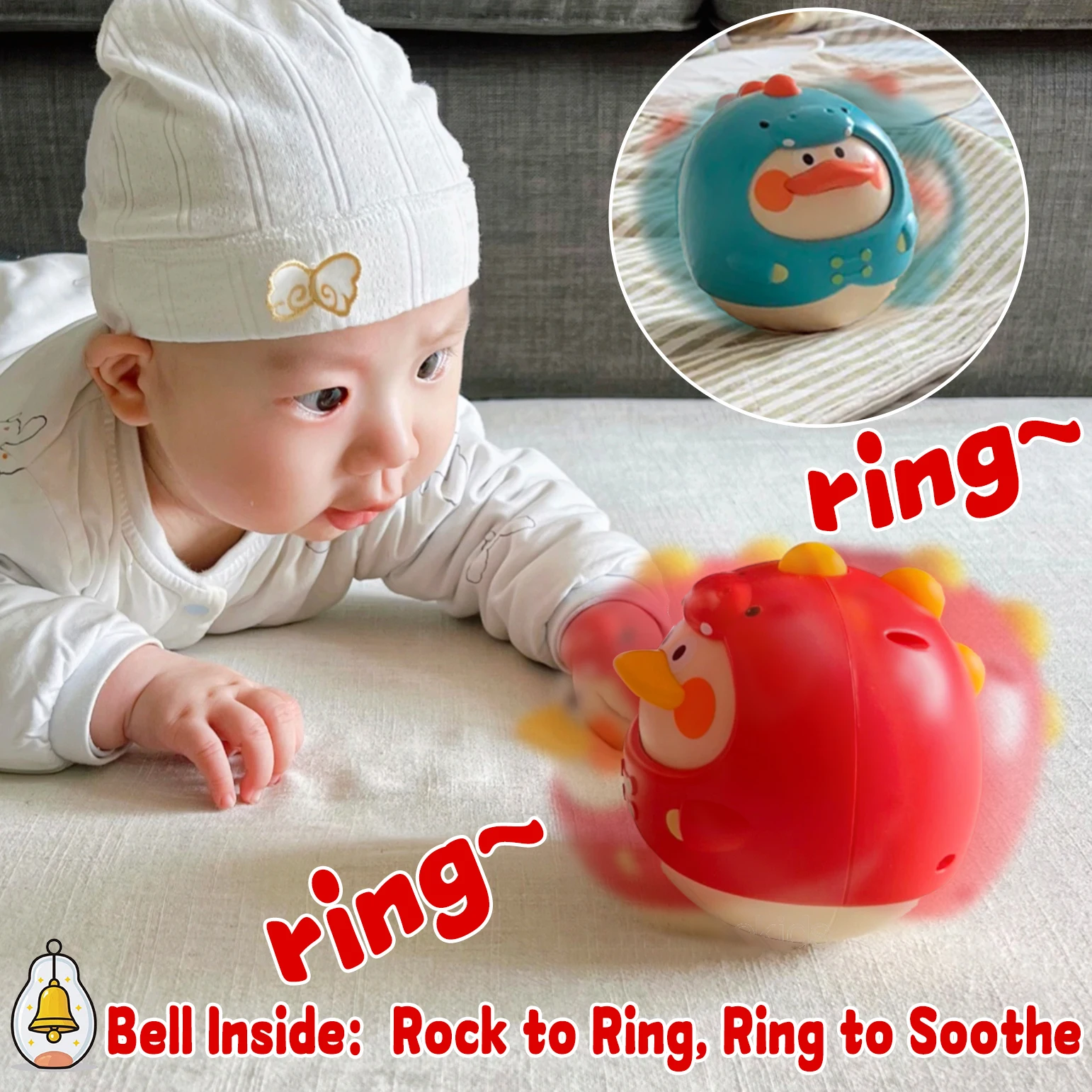 Dinosaurier-Enten-Tumbler-Beißring-Spielzeug mit Glockenrassel – Head-Up-Training und Krabbeltraining, sensorisches Babyspielzeug zur Entwicklung von Conc