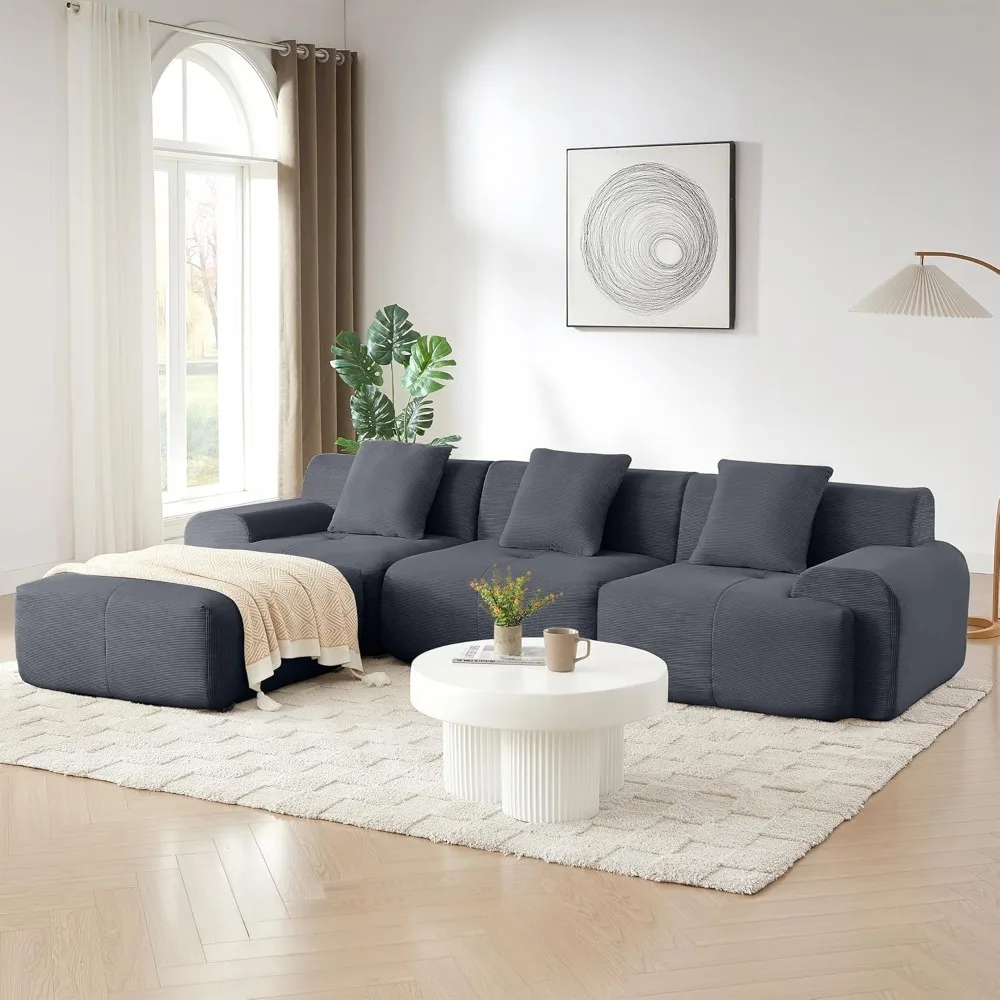 L-образный шезлонг, секционный диван с 4-местным сиденьем и подвижным пуфиком для удобного сидения в гостиной