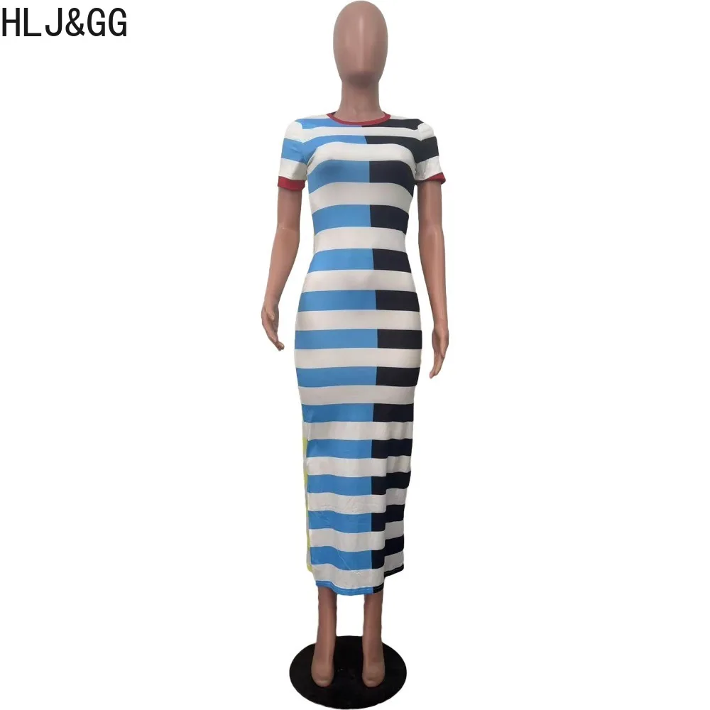 HLJ&GG Spring New Stripe Splicing Print Bodycon Slit Dresses Women Round Neck Short Sleeve Slim Vestidos Casual Female Clothing