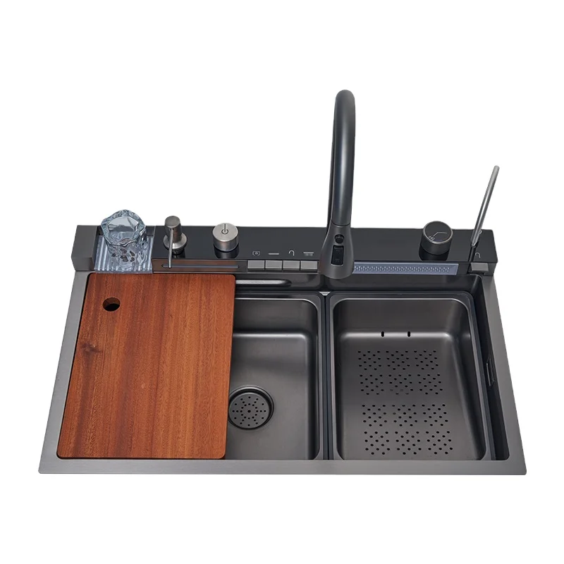 

Vegetable Washing Farmhouse Underground Commercial 304 Double Bowl Modern Smart Multifunctional Waterfall Smart Kitchen Sink