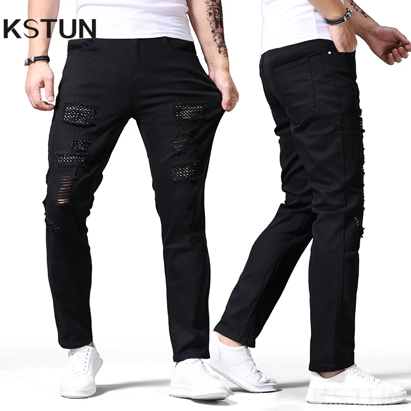 

KSTUN черные джинсы мужские тонкие рваные джинсовые брюки для фитнеса в стиле хип-хоп в стиле пэчворк потертые повседневные джинсы High Street для мальчиков маленькие ноги