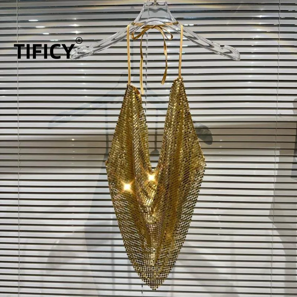 

High Street Camis Tanks Topw Women's Spring New Metal Glitter Nightclub Celebrity Performance Hanging Neck Strap Tank