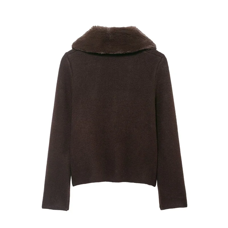 Women's Jacket 2025 Autumn New Style Dark Brown Long-Sleeve Faux Fur Collar Knit Cardigan Jacket Stylish and Elegant