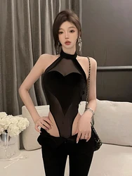 Black Sexy Mesh Patchwork Halter Neck Shiny Bodysuit Women Sleeveless Off Shoulder Top Korean Chic Bodycon Backless Playsuits