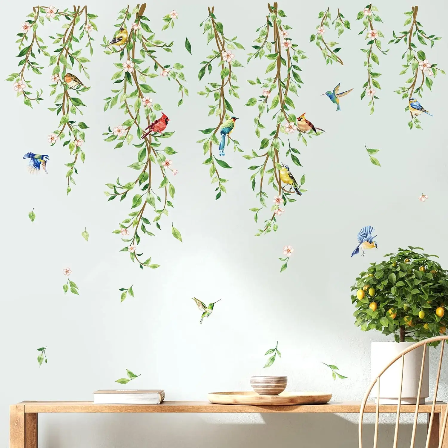 Large Hanging Green Vine Wall Stickers Bedroom Living Room Plants Leaves Birds Wall Decals Playroom Kitchen Home Decor