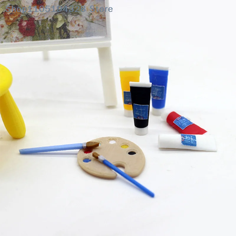 [YA]1/12 Dollhouse Mini Pigment Tube Paint Brush Palette Model Dollhouse Draw Room Art Supplies Decor Dolls House Accessories