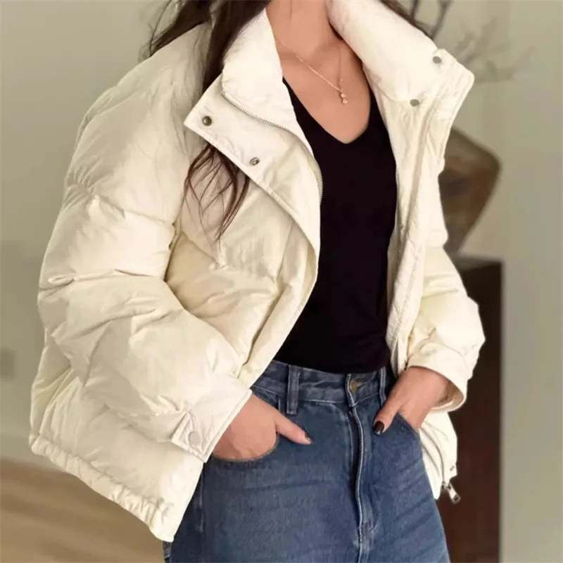 2024 New Korean Women Winter Warm Puffer Jackets Fashion Parkas Stand Collar Zipper Loose Coat Long Sleeve Lightweight Outerwear