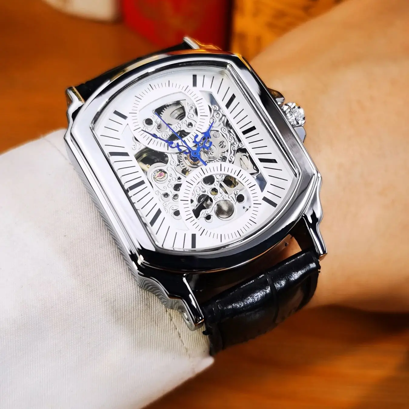 ساعات ميكانيكية للرجال من WINNER Business، مؤشرات زرقاء، هيكل عظمي غير منتظم، ساعة أوتوماتيكية للرجال، ساعة يد كاجوال بحزام جلدي #1