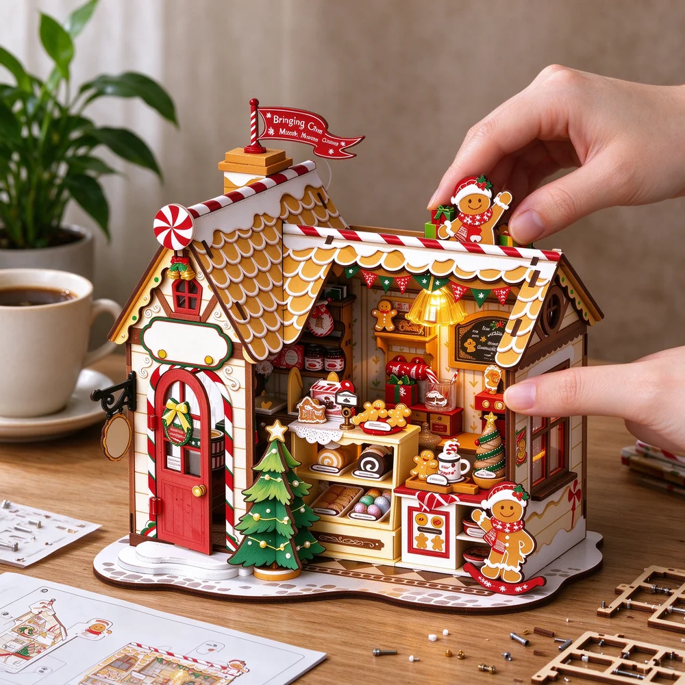 Christmas Gingerbread House 3D Puzzle Wooden DIY Model Kit with LED Warm Light Building Toy Stress Relief Desk Decoration