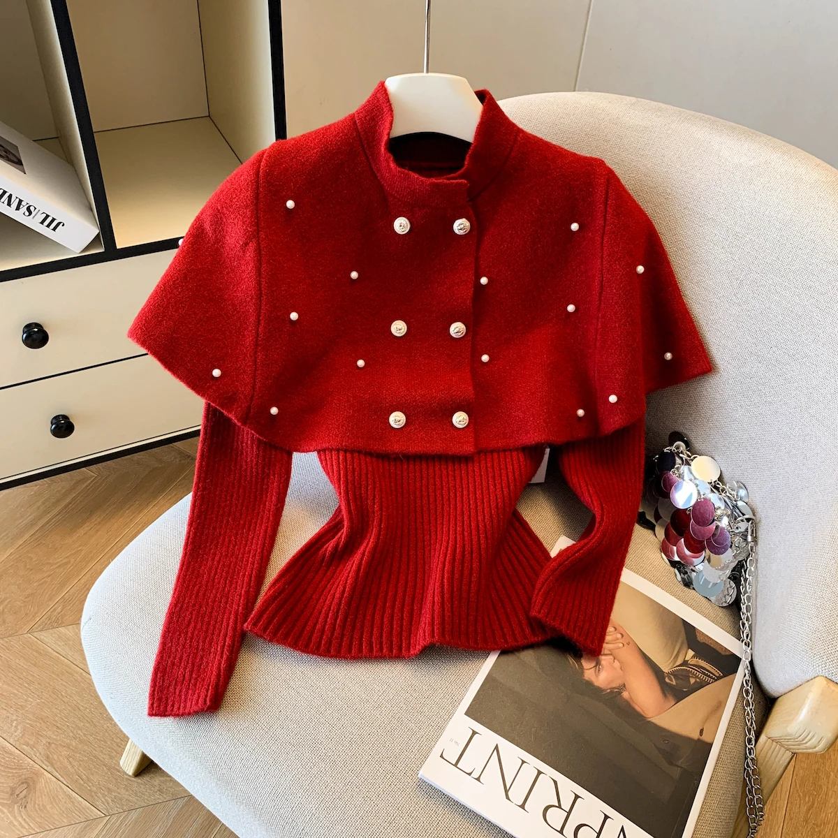 Moda coreana feminina duplo breasted frisado capa de lã camisola de malha outono inverno manga comprida pullovers topos duas peças