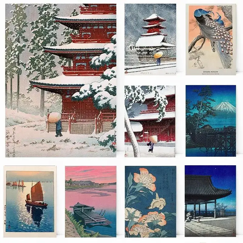 Hasui Kawase Osaka Vintage Japanese Art  Koi Carps Peacock Snowy Scenery Poster Wall Pictures Canvas Painting for Room Home Deco