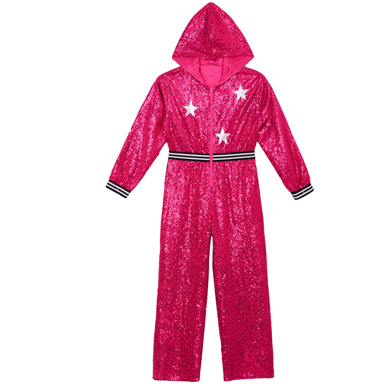 Kids Girls Hip Hop Dance Outfit 90s Disco Theme Party Costume Long Sleeve Metallic Star Sparkly Sequins Zipper Hooded Jumpsuit