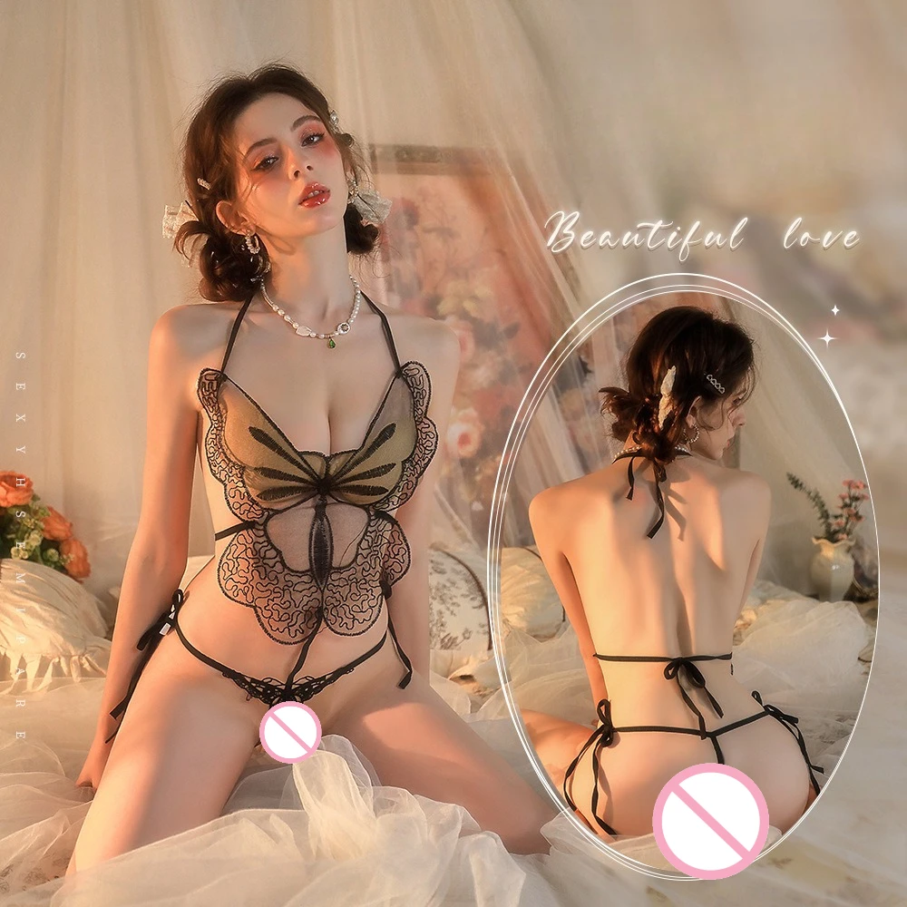 

Боди нижнего белья с вырезом бабочки — прозрачный плюшевыйди с вышивкой и деталями Peekaboo, сексуальный пижамный комплект для спальни