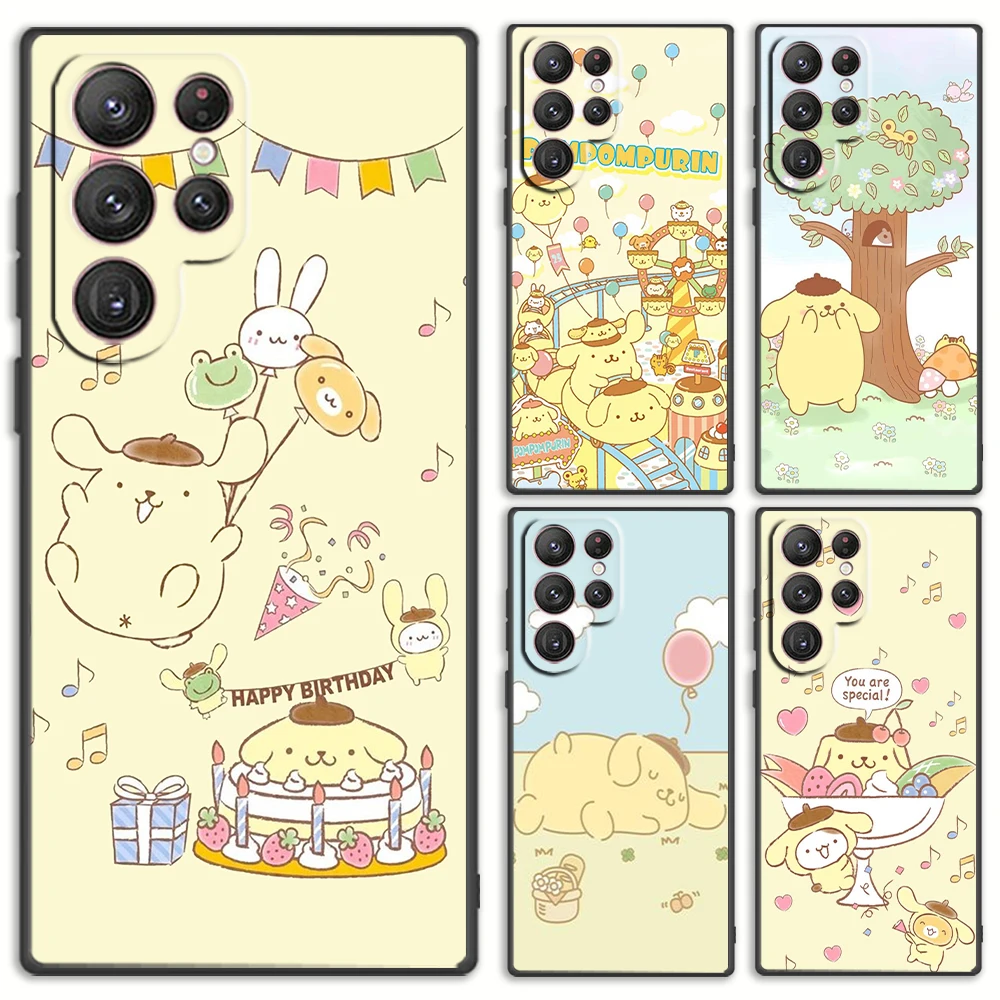 Pom Pom Purin Cute Phone Case For Samsung S24 S23 S22 S21 S20 FE S10 S10e Ultra Plus Lite Black Soft Cover