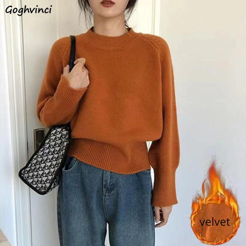 

Plus Velvet Pullovers Women Long Sleeve Tops Vintage Candy Colors Loose O-neck Slouchy Basic All-match Autumn Winter Female Chic