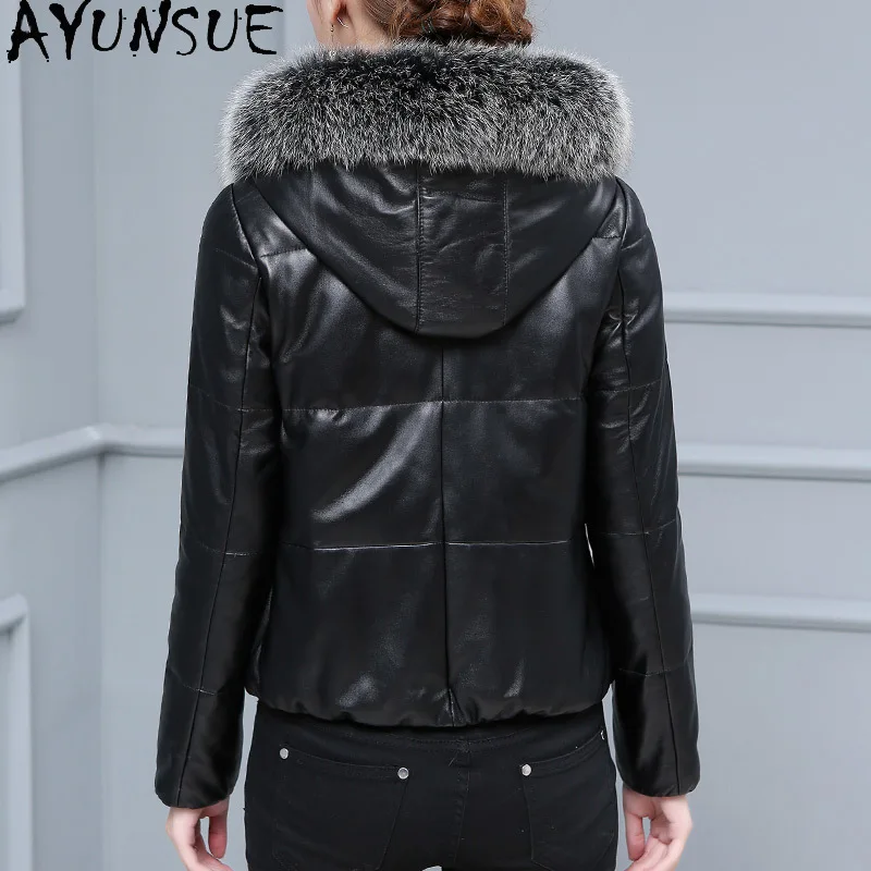 AYUNSUE Sheepskin Puffer Jacket Women New in Outerwears Short Coats Winter Genuine Leather Jacket Fox Fur Collar Casaco 2024