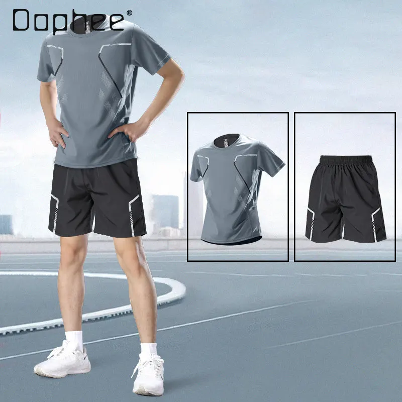 Summer Men's Fitness Running Quick-Dry Short Sleeve Round Neck T-Shirt Badminton Training Ice Silk Shorts Sports Set