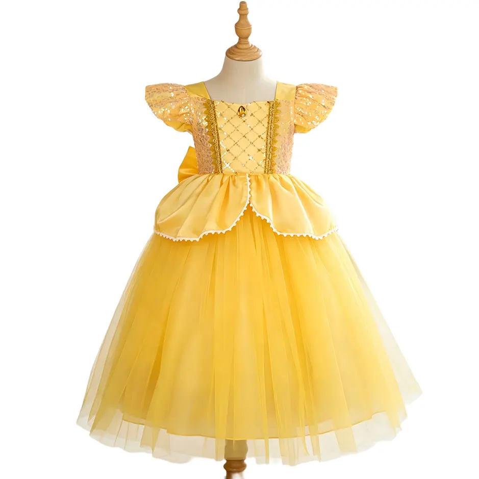 Girls Yellow Sequines Princess Dress with Bow Synthetic Diamond Inlaid Outfit Kids Cosplay Belle Costume Birthday Party Clothes