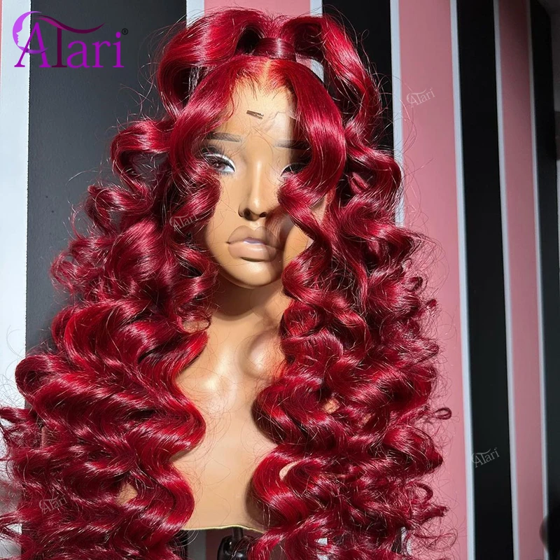 Transparent 13x6 Lace Frontal Human Hair Wigs Cherry Red Loose Deep Wave Lace Front Wig Pre Plucked 5x5 Lace Closure Wig Atari