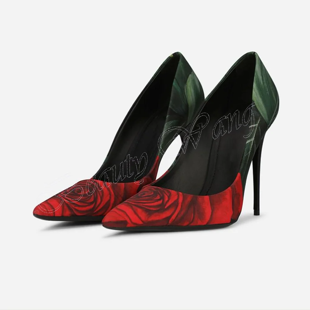 Red Rose Flower Decor Pumps Shallow Slip on Slim Heel Shoes for Women Pointed Toe High Heels Fashion 2023 Zapatos Para Mujere