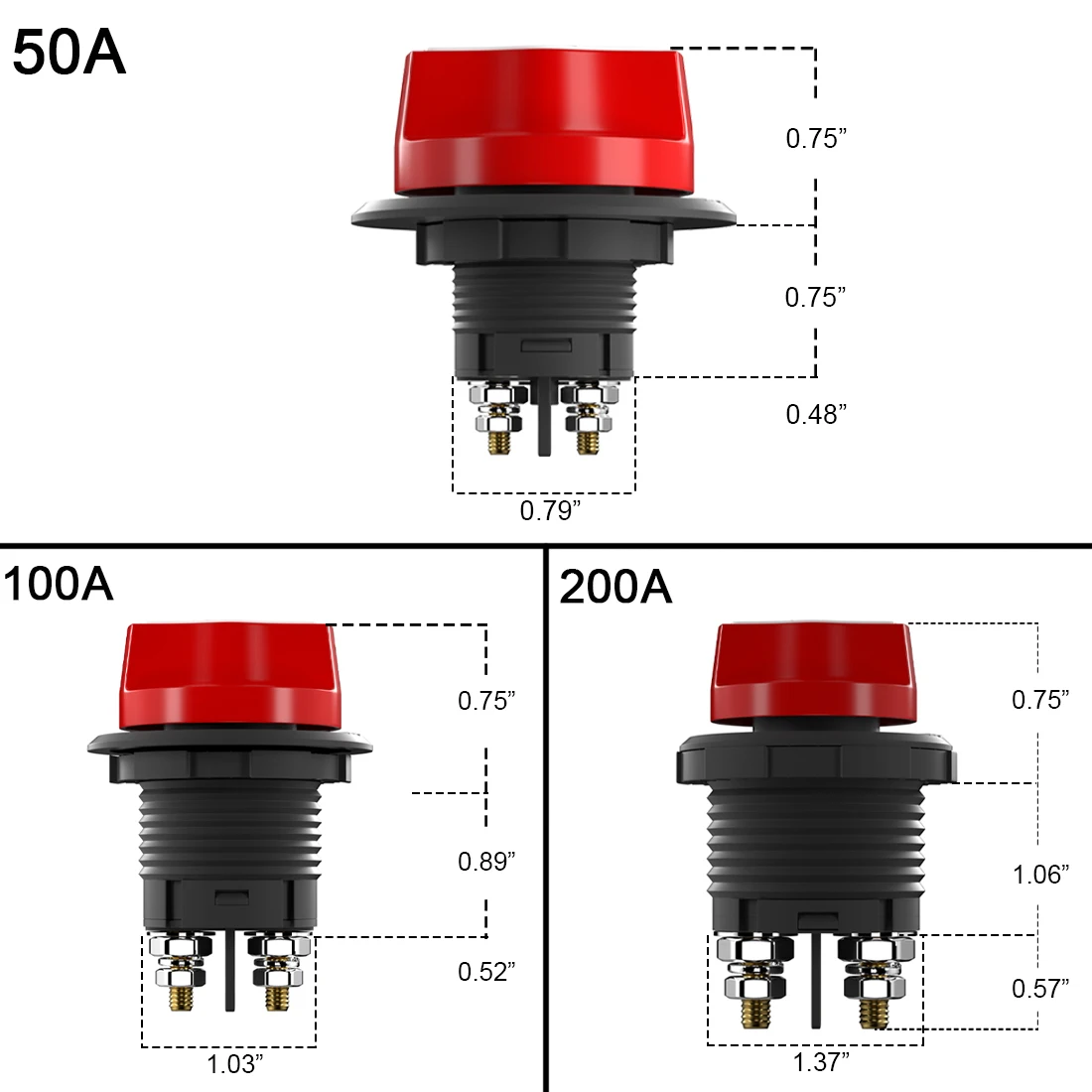 50A 100A 200A Car Battery Rotary Switch Disconnect Cut Off Kill 12V 24V DC Power Isolator for Auto Motorcycle Boat Accessories