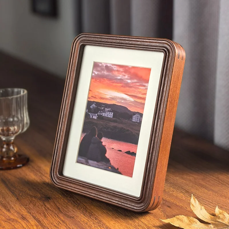 Vintage Rounded Corner Solid Wood Photo Frame With Mat Organic Glass 4‑10 Inch Tabletop Wall Hanging Picture Holder Home Decor